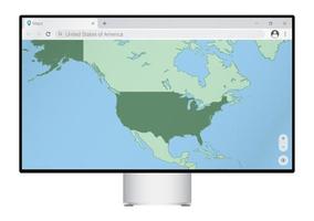 Computer monitor with map of USA in browser, search for the country of USA on the web mapping program. vector