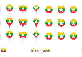 Collection of the Myanmar flag in different shapes and with three different effects. vector