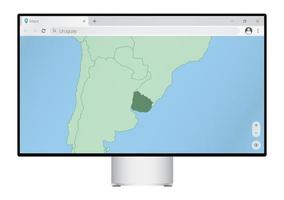 Computer monitor with map of Uruguay in browser, search for the country of Uruguay on the web mapping program. vector