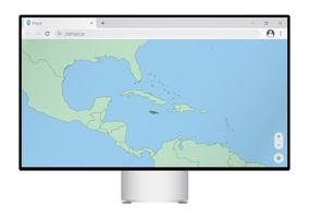 Computer monitor with map of Jamaica in browser, search for the country of Jamaica on the web mapping program. vector