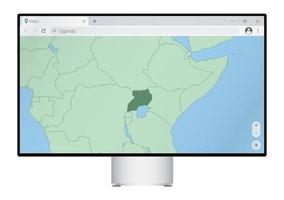 monitor de computadora con mapa de uganda en el navegador, busque el país de uganda en el programa de mapeo web. vector