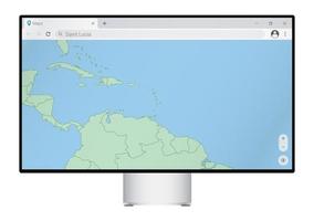 Computer monitor with map of Saint Lucia in browser, search for the country of Saint Lucia on the web mapping program. vector