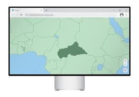 monitor de computadora con mapa de la república centroafricana en el navegador, busque el país de la república centroafricana en el programa de mapeo web. vector