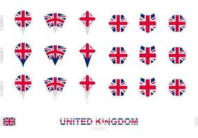 Collection of the United Kingdom flag in different shapes and with three different effects. vector