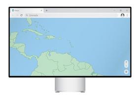 Computer monitor with map of Grenada in browser, search for the country of Grenada on the web mapping program. vector