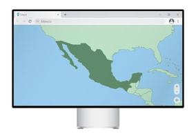 Computer monitor with map of Mexico in browser, search for the country of Mexico on the web mapping program. vector