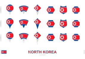 Collection of the North Korea flag in different shapes and with three different effects. vector