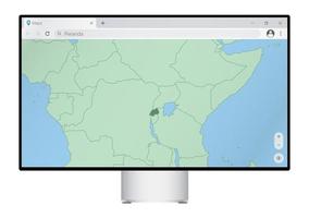 Computer monitor with map of Rwanda in browser, search for the country of Rwanda on the web mapping program. vector