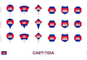 Collection of the Cambodia flag in different shapes and with three different effects. vector