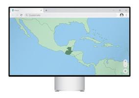 Computer monitor with map of Guatemala in browser, search for the country of Guatemala on the web mapping program. vector