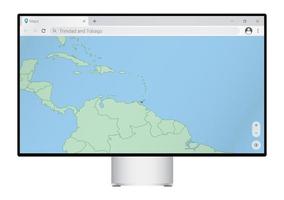 Computer monitor with map of Trinidad and Tobago in browser, search for the country of Trinidad and Tobago on the web mapping program. vector