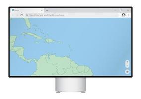 Computer monitor with map of Saint Vincent and the Grenadines in browser, search for the country of Saint Vincent and the Grenadines on the web mapping program. vector