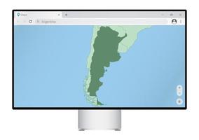 Computer monitor with map of Argentina in browser, search for the country of Argentina on the web mapping program. vector