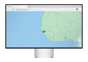 Computer monitor with map of Guinea-Bissau in browser, search for the country of Guinea-Bissau on the web mapping program. vector