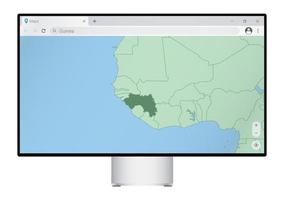 Computer monitor with map of Guinea in browser, search for the country of Guinea on the web mapping program. vector