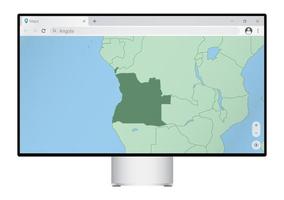 monitor de computadora con mapa de angola en el navegador, busque el país de angola en el programa de mapeo web. vector