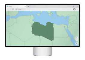 Computer monitor with map of Libya in browser, search for the country of Libya on the web mapping program. vector