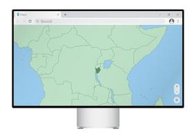 Computer monitor with map of Burundi in browser, search for the country of Burundi on the web mapping program. vector