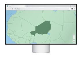 monitor de computadora con mapa de níger en el navegador, busque el país de níger en el programa de mapeo web. vector