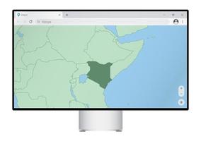 Computer monitor with map of Kenya in browser, search for the country of Kenya on the web mapping program. vector