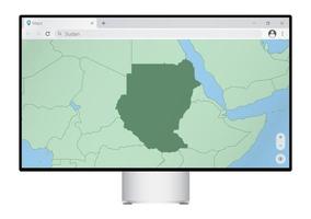 Computer monitor with map of Sudan in browser, search for the country of Sudan on the web mapping program. vector