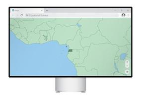 Computer monitor with map of Equatorial Guinea in browser, search for the country of Equatorial Guinea on the web mapping program. vector