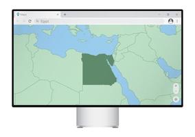 Computer monitor with map of Egypt in browser, search for the country of Egypt on the web mapping program. vector