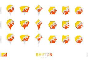 Collection of the Bhutan flag in different shapes and with three different effects. vector