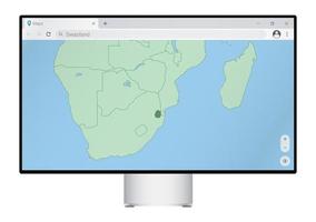 Computer monitor with map of Swaziland in browser, search for the country of Swaziland on the web mapping program. vector