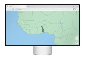 monitor de computadora con mapa de togo en el navegador, busque el país de togo en el programa de mapeo web. vector