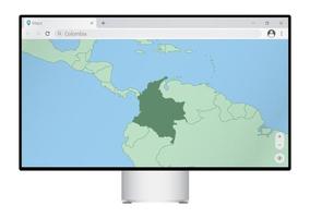 Computer monitor with map of Colombia in browser, search for the country of Colombia on the web mapping program. vector