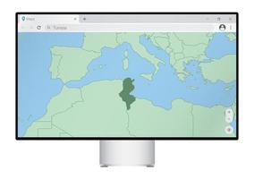 monitor de computadora con mapa de túnez en el navegador, busque el país de túnez en el programa de mapeo web. vector