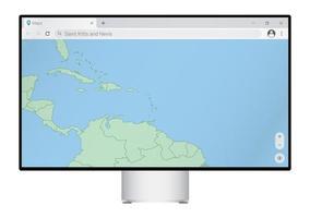 Computer monitor with map of Saint Kitts and Nevis in browser, search for the country of Saint Kitts and Nevis on the web mapping program. vector