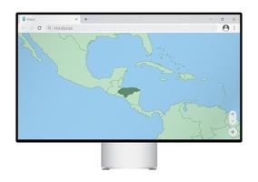 Computer monitor with map of Honduras in browser, search for the country of Honduras on the web mapping program. vector