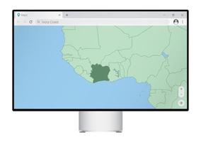 Computer monitor with map of Ivory Coast in browser, search for the country of Ivory Coast on the web mapping program. vector