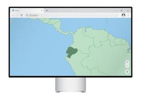 Computer monitor with map of Ecuador in browser, search for the country of Ecuador on the web mapping program. vector