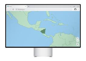 Computer monitor with map of Nicaragua in browser, search for the country of Nicaragua on the web mapping program. vector