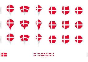 Collection of the Denmark flag in different shapes and with three different effects. vector