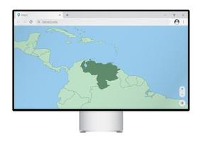 Computer monitor with map of Venezuela in browser, search for the country of Venezuela on the web mapping program. vector