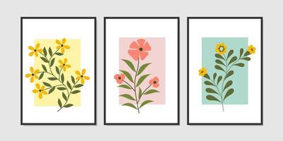 Impresión de póster de arte de pared botánico abstracto estético boho. diseño escandinavo de patrones florales dibujados a mano. impresiones de pared de collage bohemio para decoración, decoración del hogar, decoración de pared, póster vector