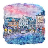 Bergen Vestland Norway Watercolor sketch hand drawn illustration vector