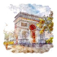 arc de triomphe francia acuarela boceto dibujado a mano ilustración vector