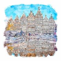 Antwerp Belgium Watercolor sketch hand drawn illustration vector