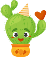 Character prickly cactus in pot in birthday hat and with heart. png