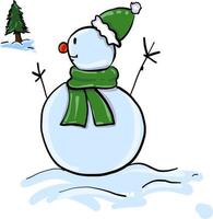 Snowman with green scarf, illustration, vector on white background.