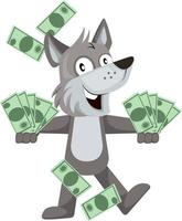 Lobo con dinero, ilustración, vector sobre fondo blanco.