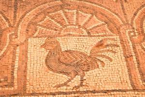 petra, jordania, 2022- arte de mosaico de aves en la iglesia bizantina en el sitio histórico de petra