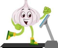 Garlic on running machine, illustration, vector on white background.