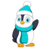 Cute little penguin card in winter hat. Vector illustration