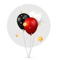 3d vector manojo de tres coloridos globos de aire realistas para el viernes negro y cumpleaños, festivo con confeti y diseño de banner de símbolo de estrellas